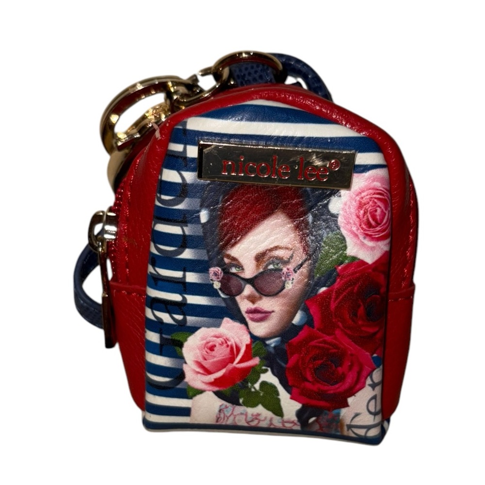 Nicole Lee Mini Backpack Keychain – Retro Rose Print w/ Stripes